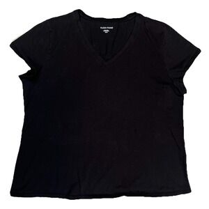 Eileen Fisher Women's‎ Black Organic Cotton T-Shirt Sz Medium Jersey V-Neck Slub